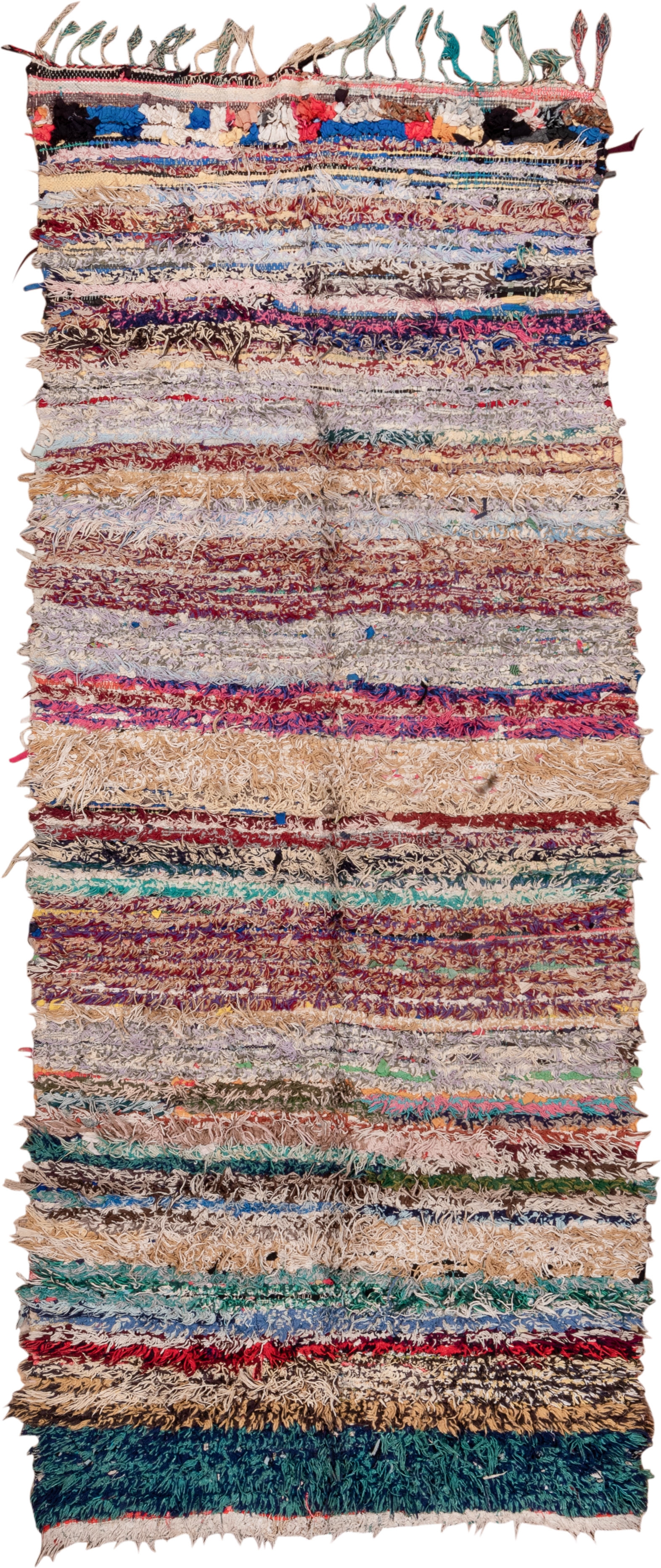 4' x 10' one-of-a-kind handmade vintage Rag Rug runner rug. Color palette: ivory, burgundy, teal, tan, blue, cream, red