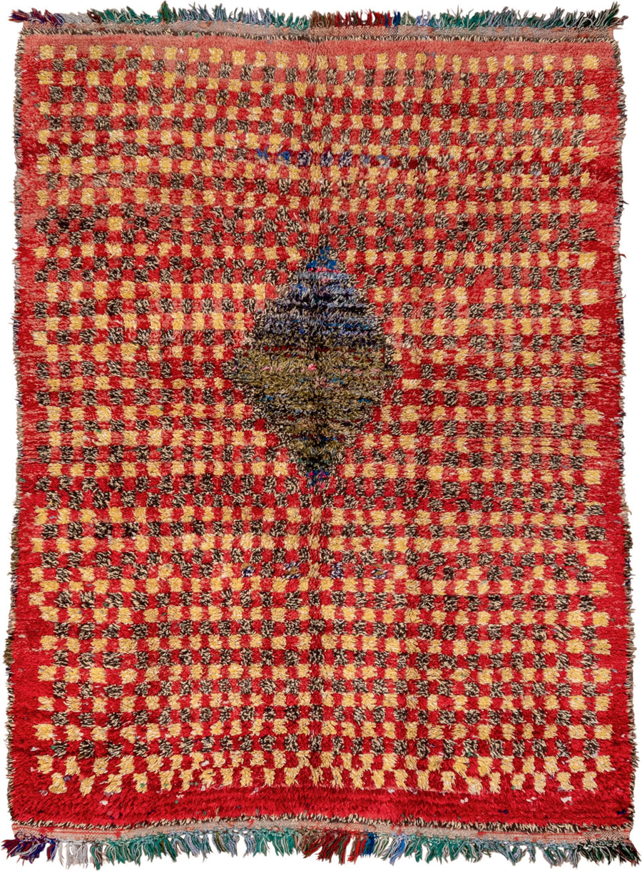 5' x 7' one-of-a-kind handmade vintage Rag Rug rug. Color palette: red, gold, dark brown, rust, blue, teal, ivory, brown