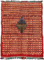 5' x 7' one-of-a-kind handmade vintage Rag Rug rug. Color palette: red, gold, dark brown, rust, blue, teal, ivory, brown