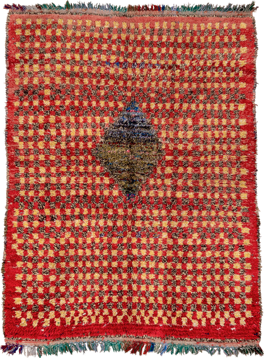 5' x 7' one-of-a-kind handmade vintage Rag Rug rug. Color palette: red, gold, dark brown, rust, blue, teal, ivory, brown