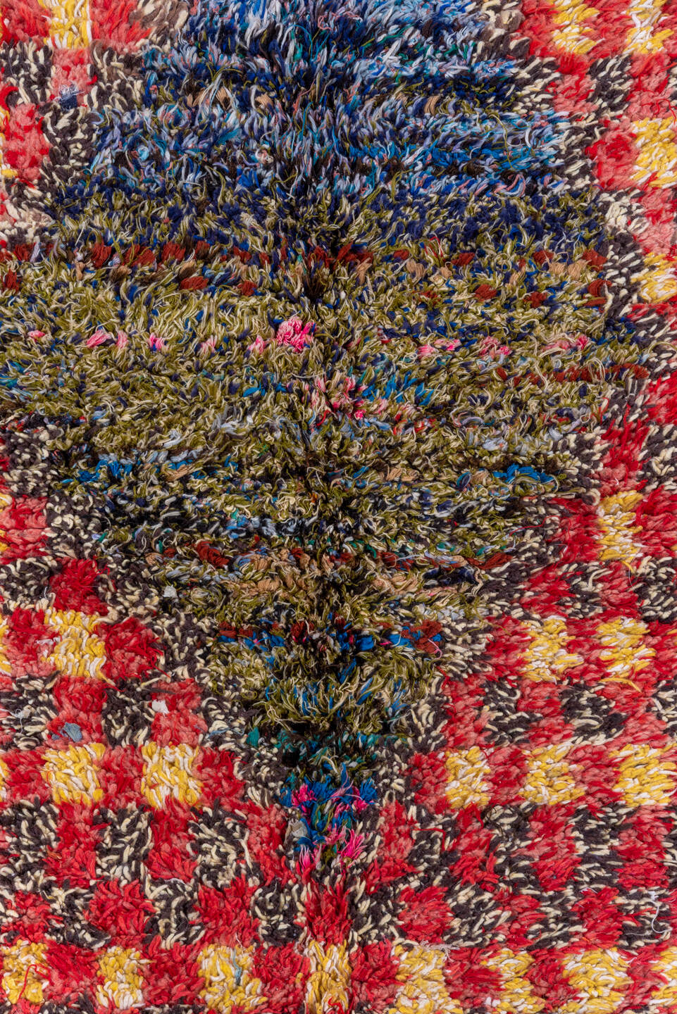 5' x 7' one-of-a-kind handmade vintage Rag Rug rug. Color palette: red, gold, dark brown, rust, blue, teal, ivory, brown