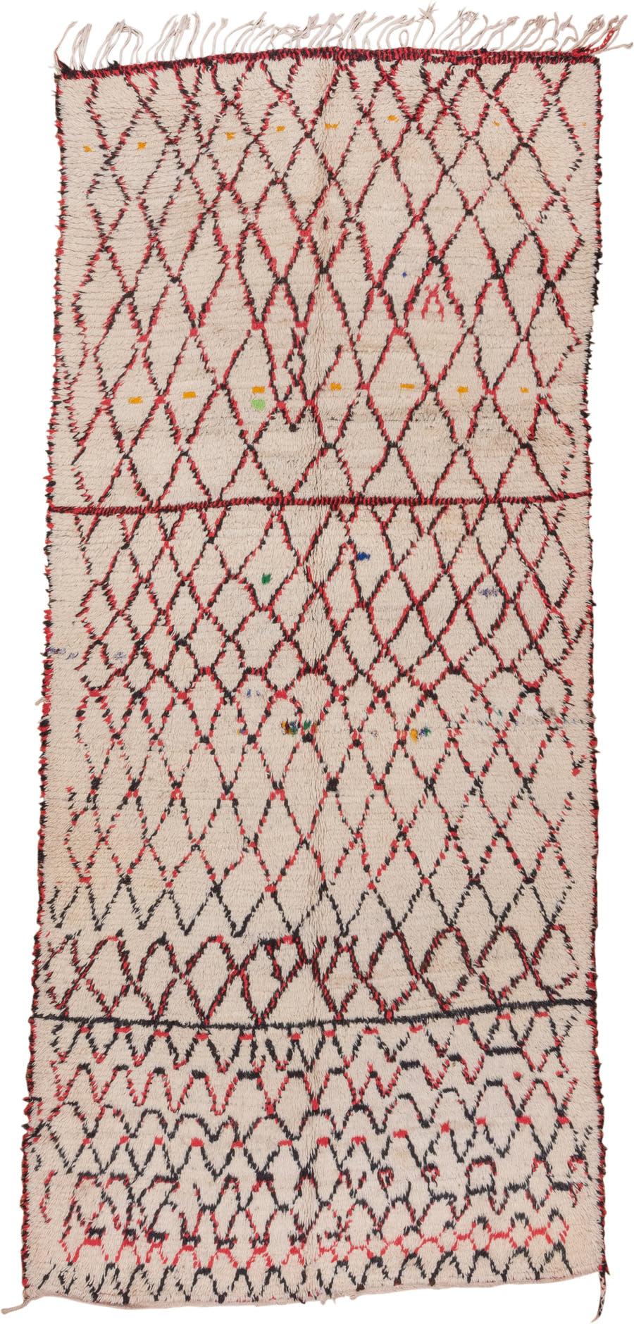 5' x 11' one-of-a-kind handmade vintage Moroccan rug. Color palette: ivory, black, red, coral, gold, blue, green, terracotta