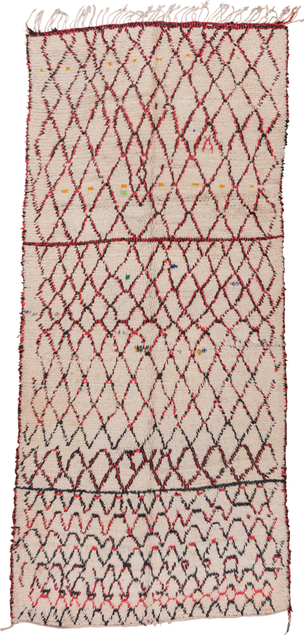 5' x 11' one-of-a-kind handmade vintage Moroccan rug. Color palette: ivory, black, red, coral, gold, blue, green, terracotta