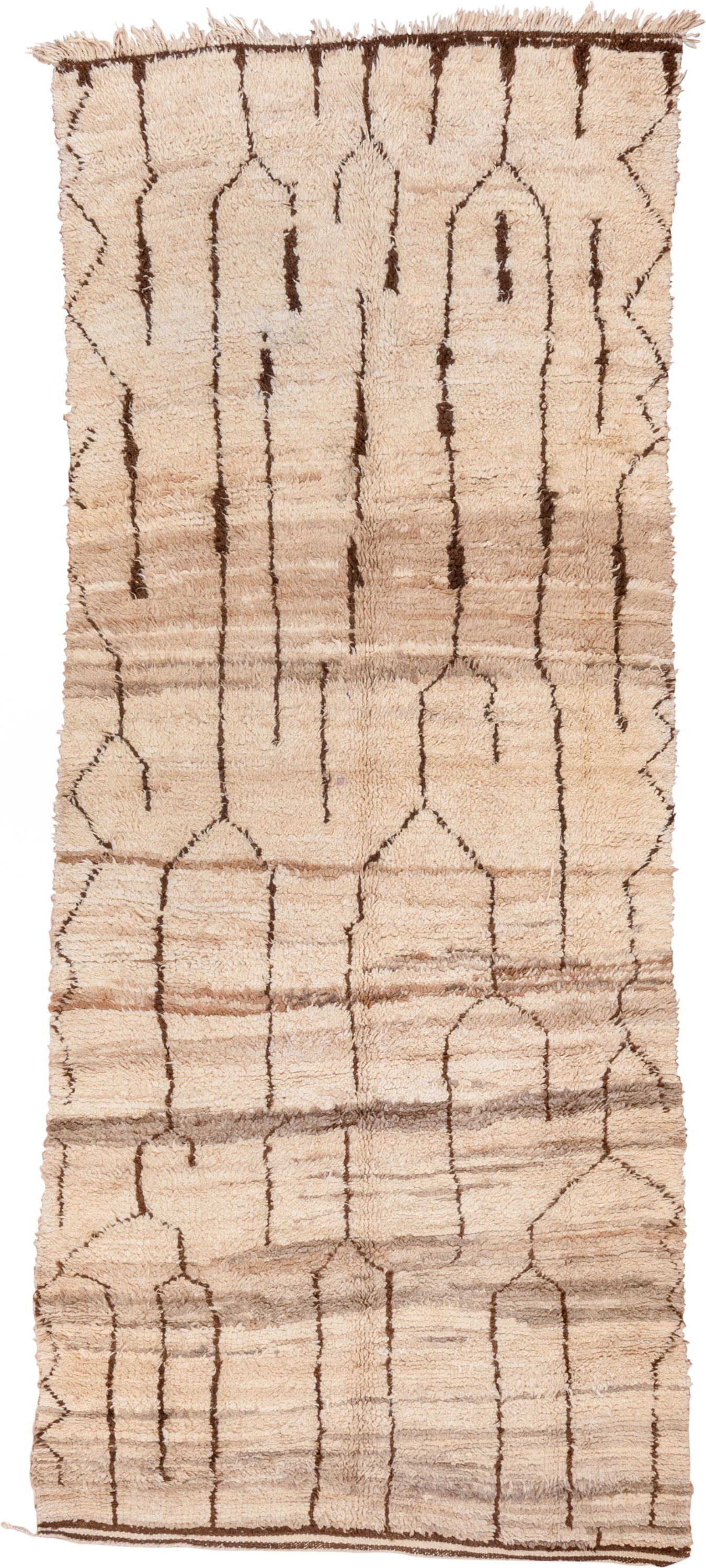 4' x 10' one-of-a-kind handmade vintage Moroccan runner rug. Color palette: ivory, cream, taupe, brown, beige, gray