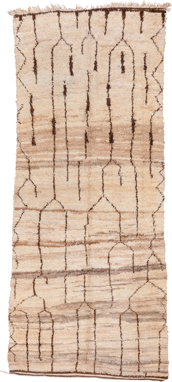 4' x 10' one-of-a-kind handmade vintage Moroccan runner rug. Color palette: ivory, cream, taupe, brown, beige, gray