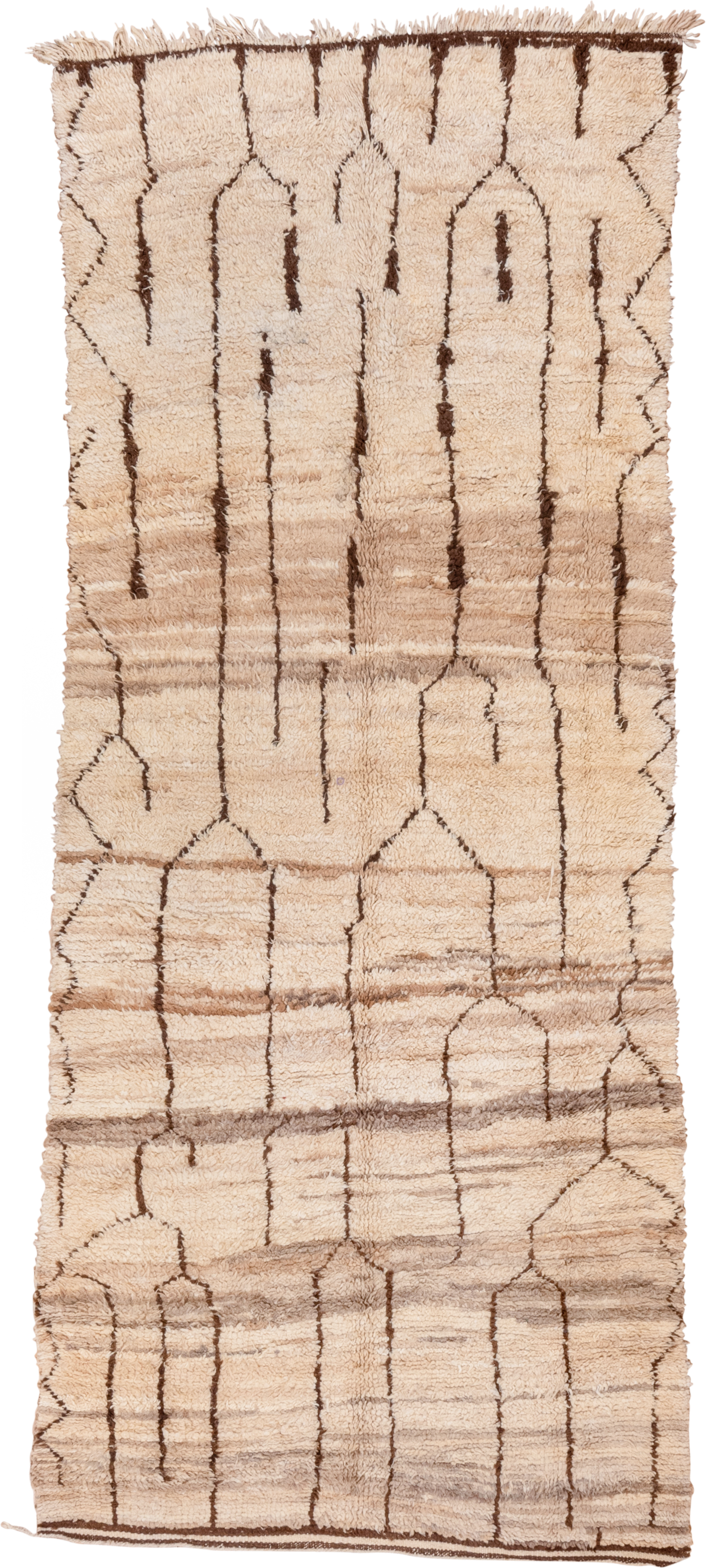 4' x 10' one-of-a-kind handmade vintage Moroccan runner rug. Color palette: ivory, cream, taupe, brown, beige, gray