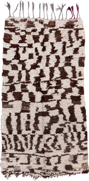 4' x 8' one-of-a-kind handmade vintage Moroccan rug. Color palette: ivory, dark brown, taupe, brown, beige, gray