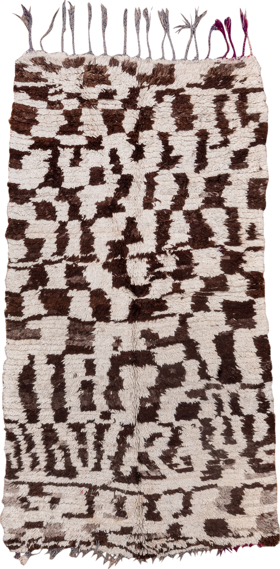 4' x 8' one-of-a-kind handmade vintage Moroccan rug. Color palette: black, brown, gainsboro, gray, light gray, off-white