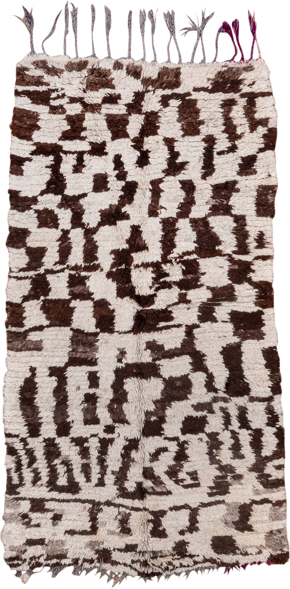 4' x 8' one-of-a-kind handmade vintage Moroccan rug. Color palette: ivory, dark brown, taupe, brown, beige, gray
