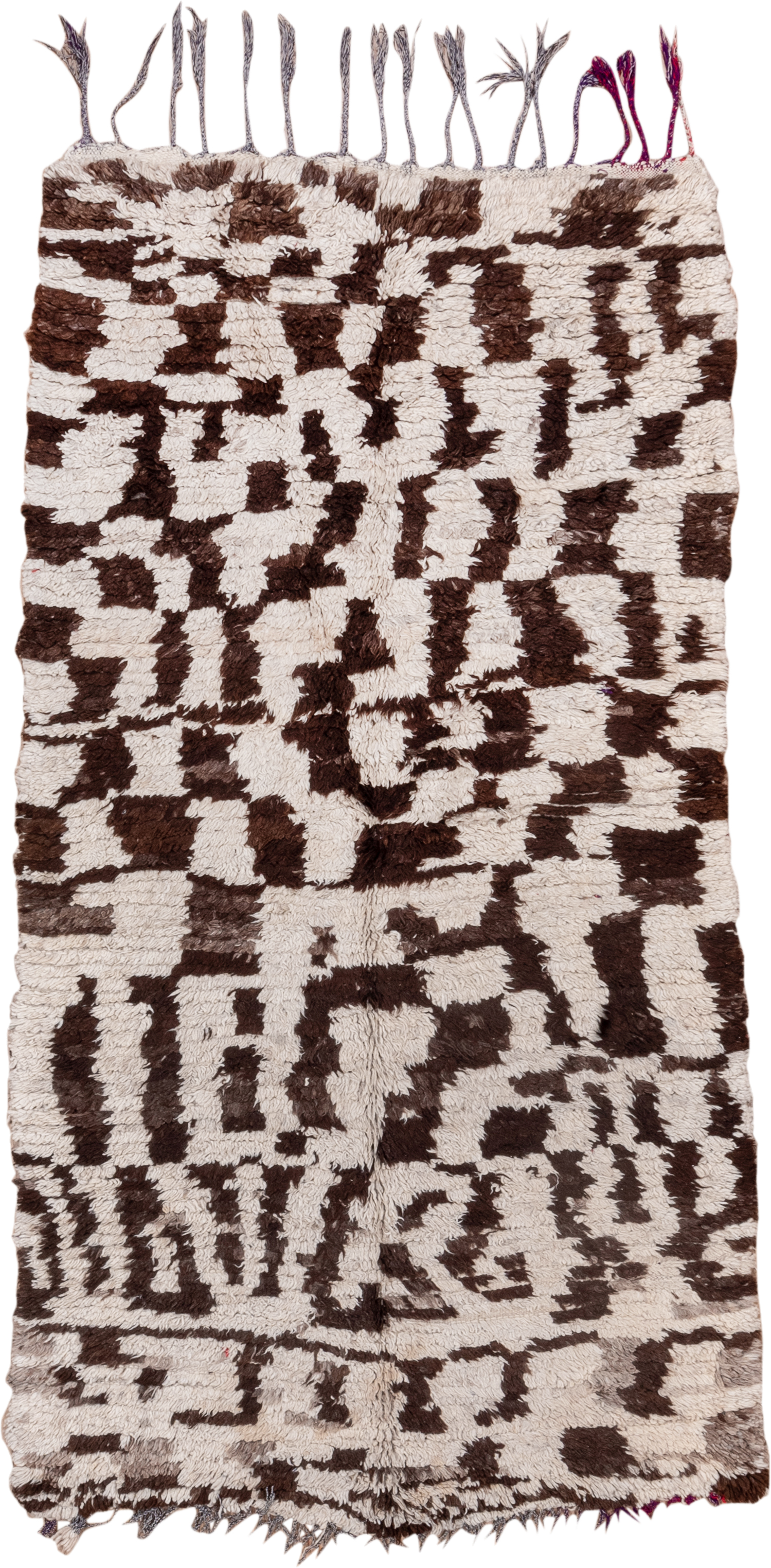 4' x 8' one-of-a-kind handmade vintage Moroccan rug. Color palette: ivory, dark brown, taupe, brown, beige, gray