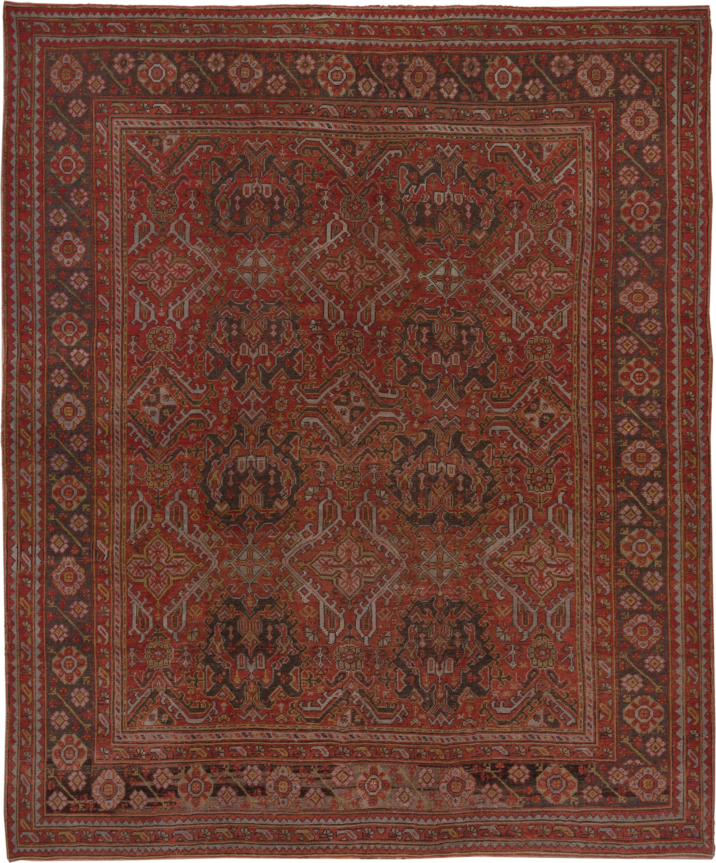 12' x 13' one-of-a-kind handmade vintage Oushak oversize rug. Color palette: rust, terracotta, charcoal, ivory, taupe, rose