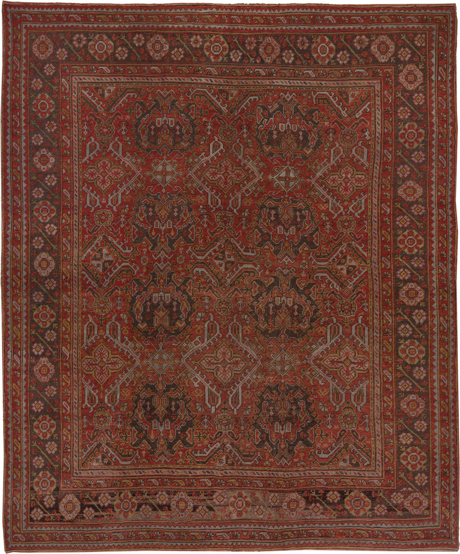 12' x 13' one-of-a-kind handmade vintage Oushak oversize rug. Color palette: rust, terracotta, charcoal, ivory, taupe, rose