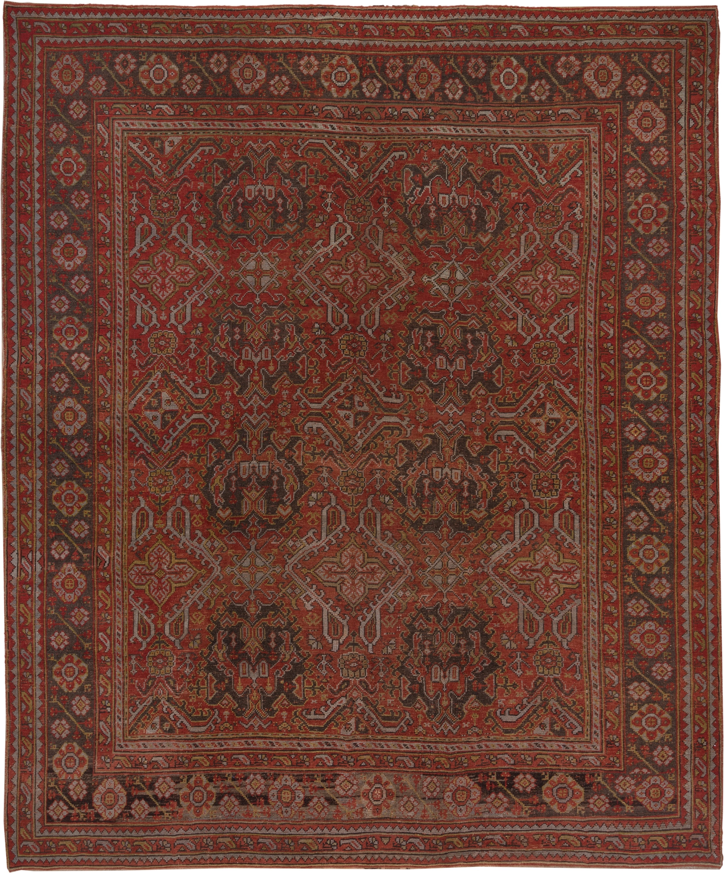 12' x 13' one-of-a-kind handmade vintage Oushak oversize rug. Color palette: rust, terracotta, charcoal, ivory, taupe, rose
