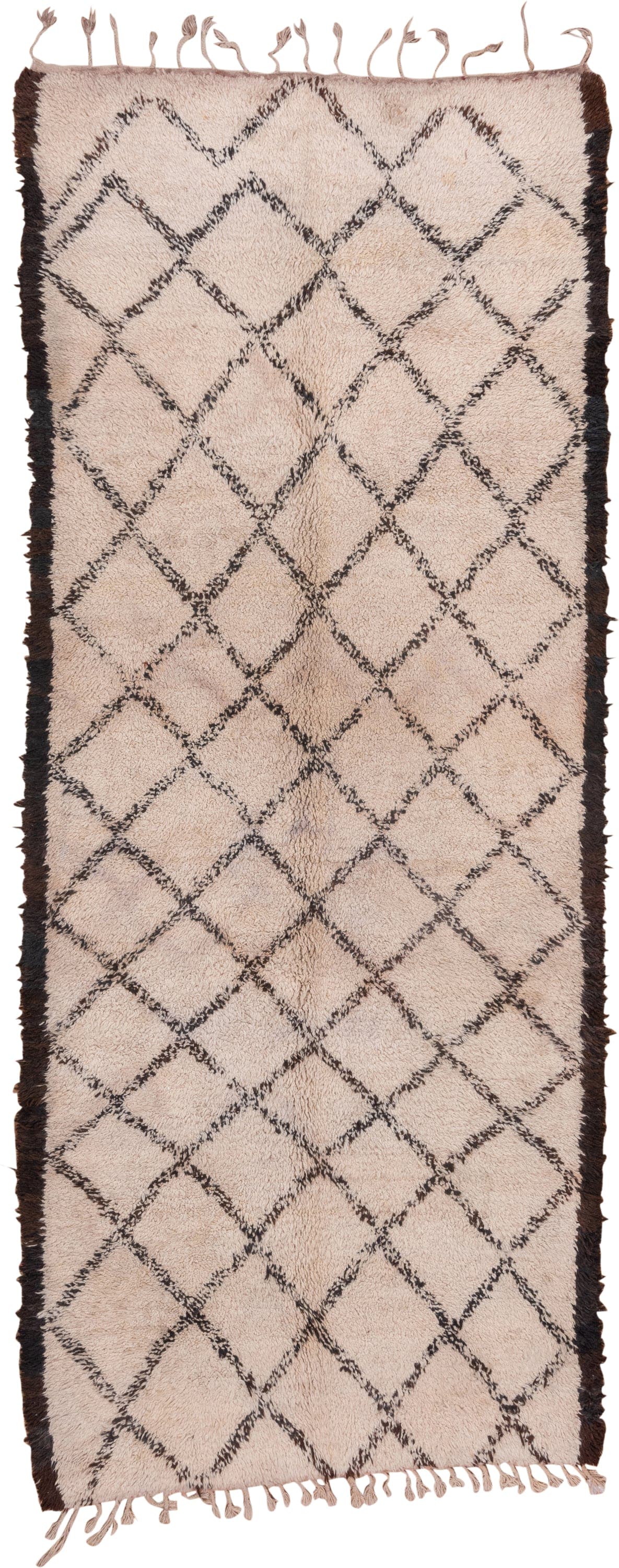 5' x 14' one-of-a-kind handmade vintage Moroccan rug. Color palette: ivory, charcoal, brown, cream, gray, black