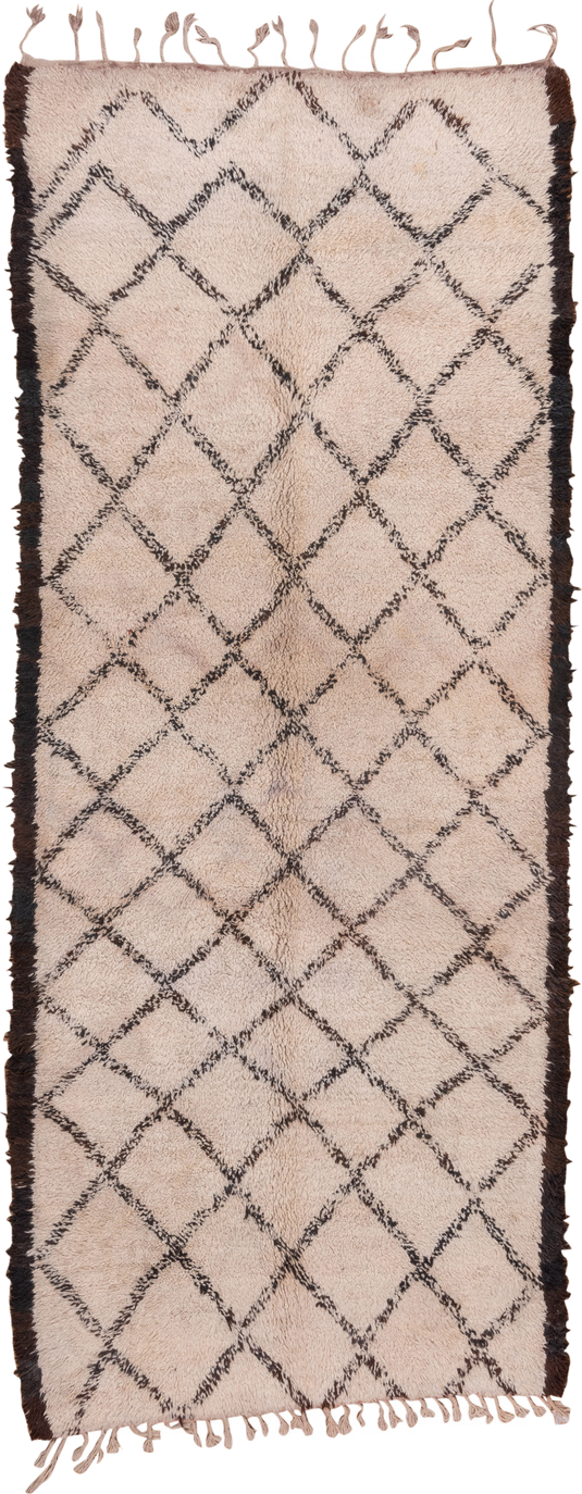 5' x 14' one-of-a-kind handmade vintage Moroccan rug. Color palette: ivory, charcoal, brown, cream, gray, black