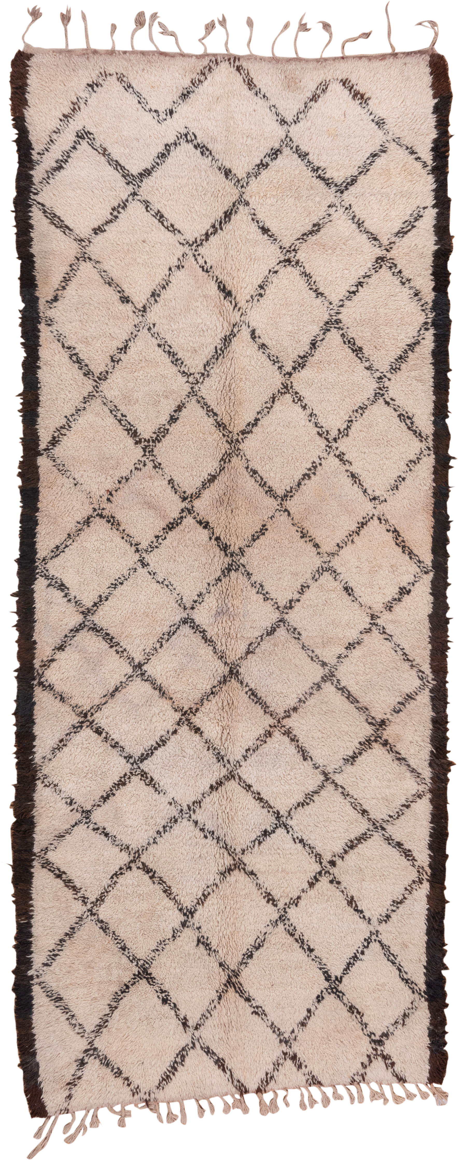 5' x 14' one-of-a-kind handmade vintage Moroccan rug. Color palette: ivory, charcoal, brown, cream, gray, black
