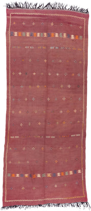 5' x 12' one-of-a-kind handmade vintage Kilim rug. Color palette: rose, dusty pink, ivory, orange, slate, gold, charcoal