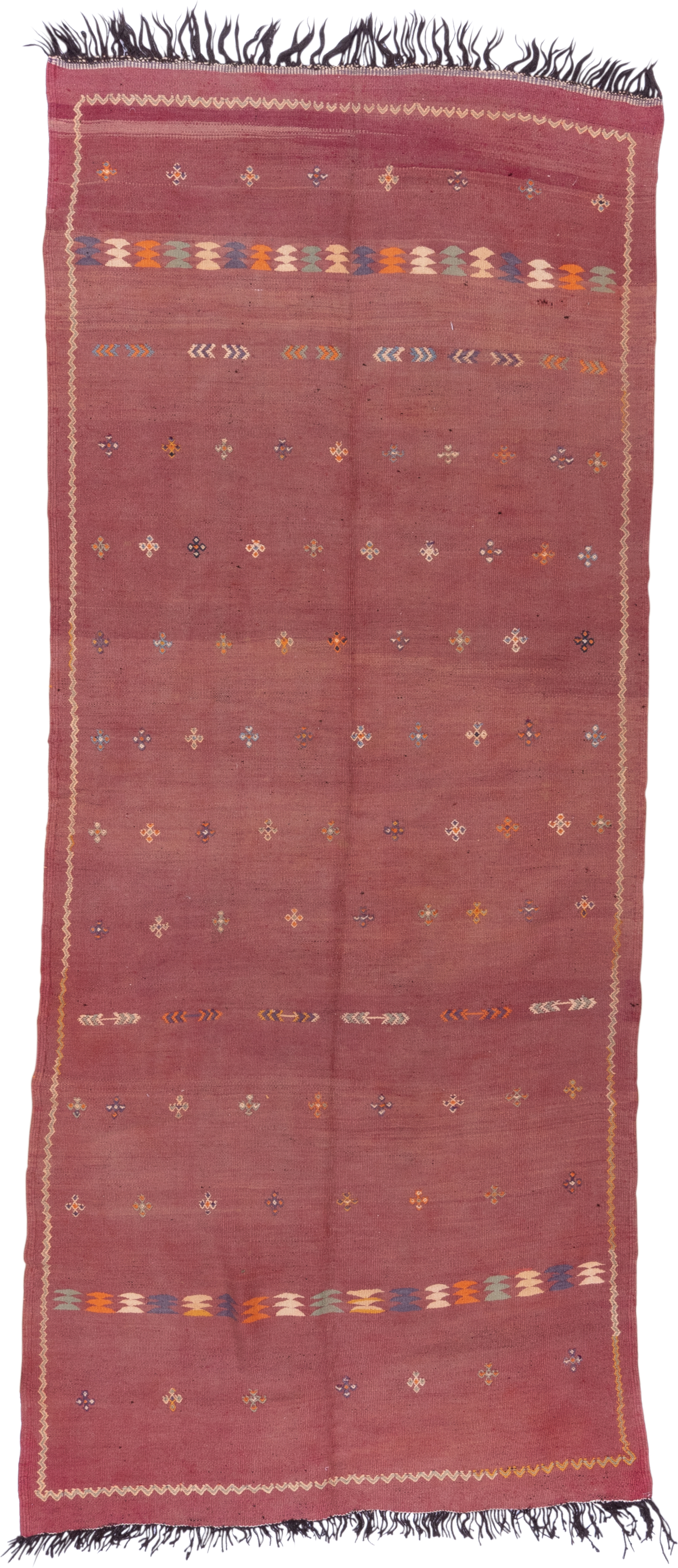 5' x 12' one-of-a-kind handmade vintage Kilim rug. Color palette: rose, dusty pink, ivory, orange, slate, gold, charcoal