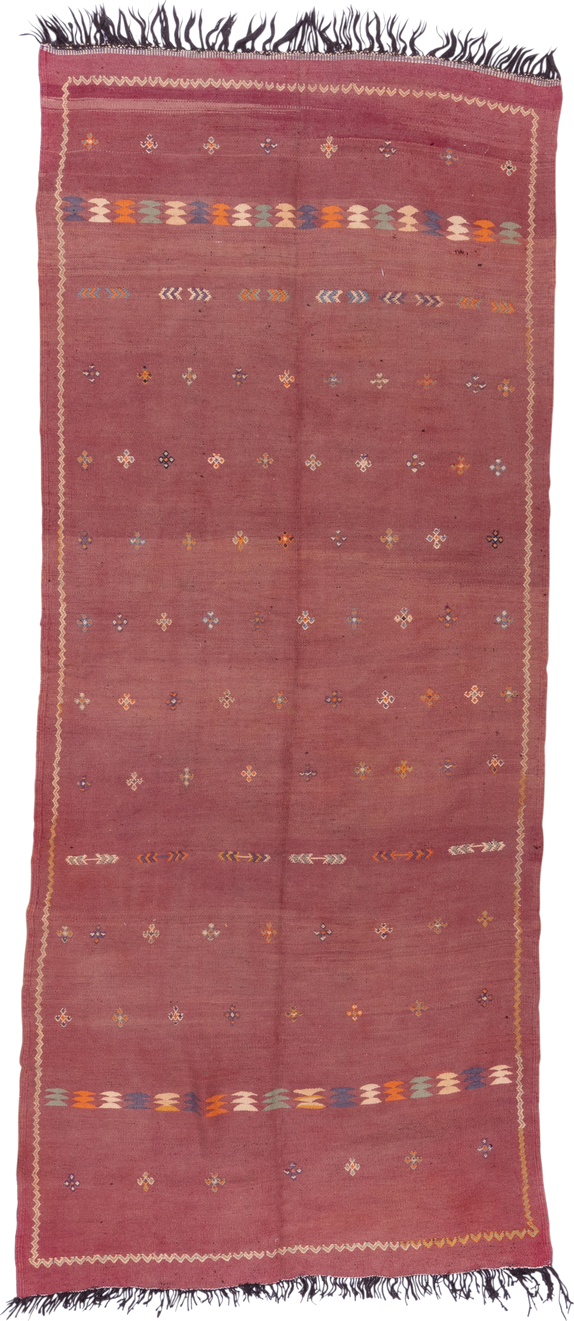 5' x 12' one-of-a-kind handmade vintage Kilim rug. Color palette: rose, dusty pink, ivory, orange, slate, gold, charcoal