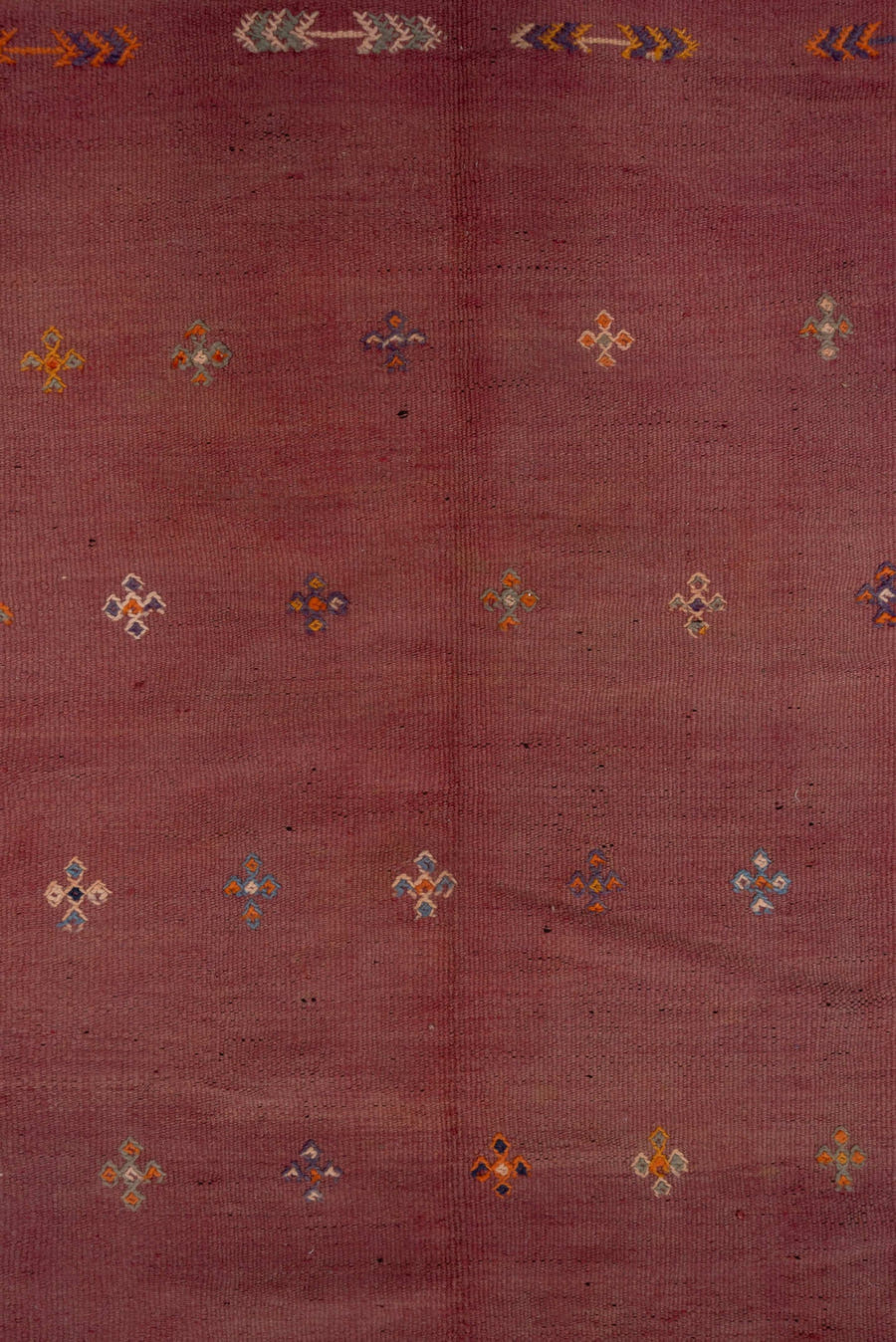 5' x 12' one-of-a-kind handmade vintage Kilim rug. Color palette: rose, dusty pink, ivory, orange, slate, gold, charcoal