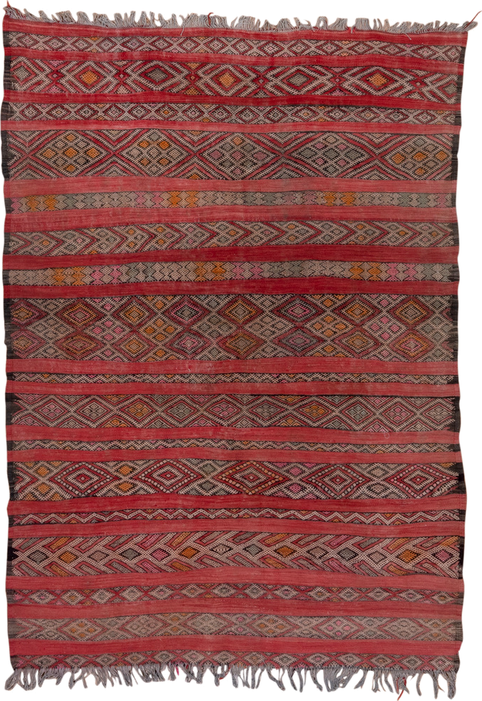 5' x 7' one-of-a-kind handmade vintage Kilim rug. Color palette: rose, rust, charcoal, taupe, ochre, pink, ivory, red