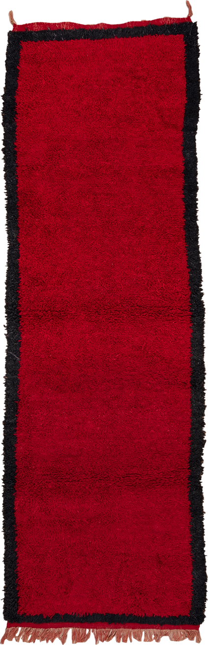 3' x 10' one-of-a-kind handmade vintage Moroccan runner rug. Color palette: crimson, black, mahogany, red, brown