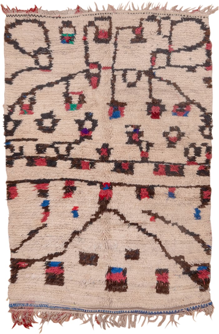 4' x 6' one-of-a-kind handmade vintage Moroccan small size rug. Color palette: ivory, brown, crimson, cobalt, teal, rose