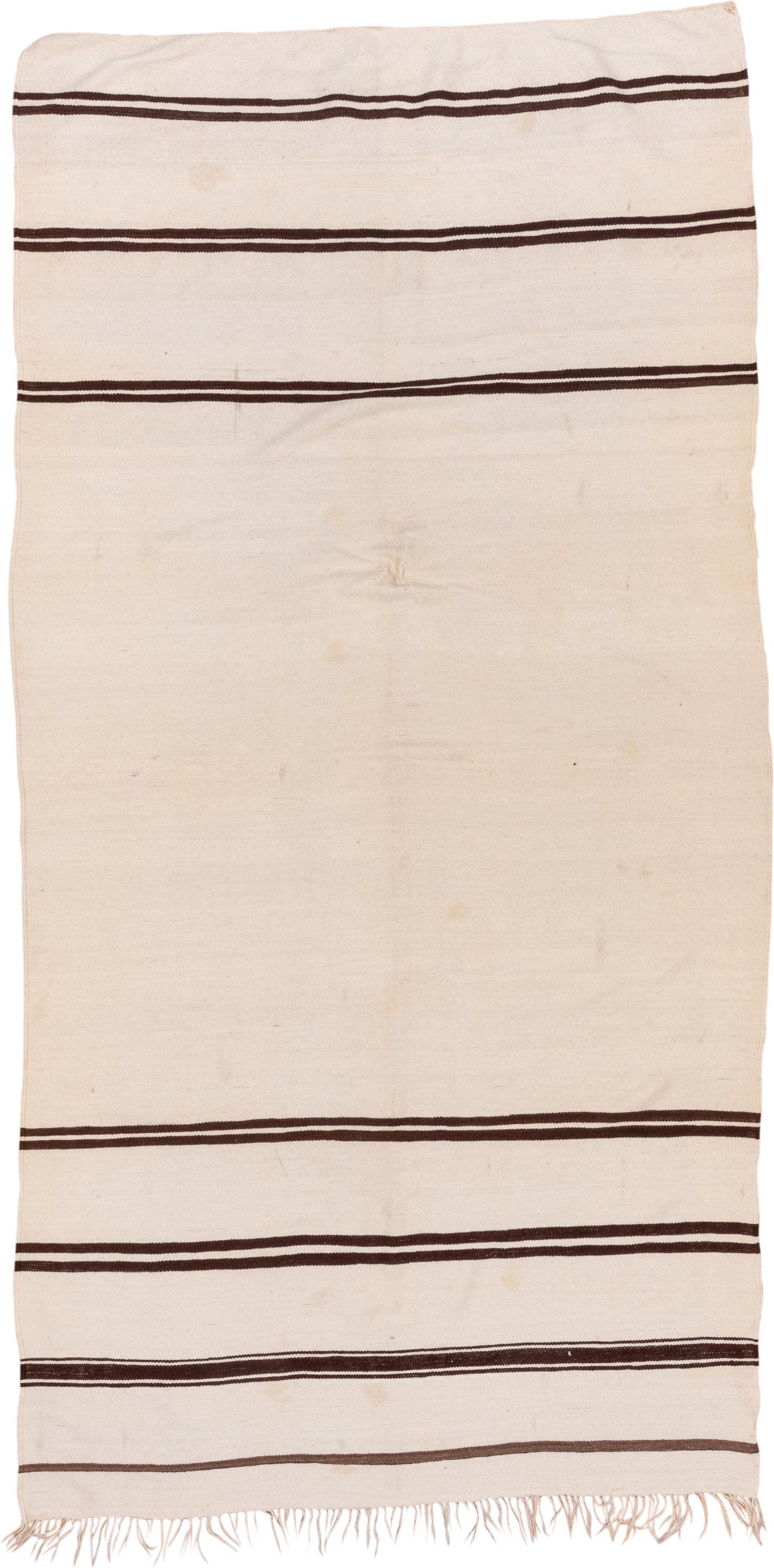 5' x 10' one-of-a-kind handmade vintage Blanket medium size rug. Color palette: ivory, brown, cream, taupe, beige, gray