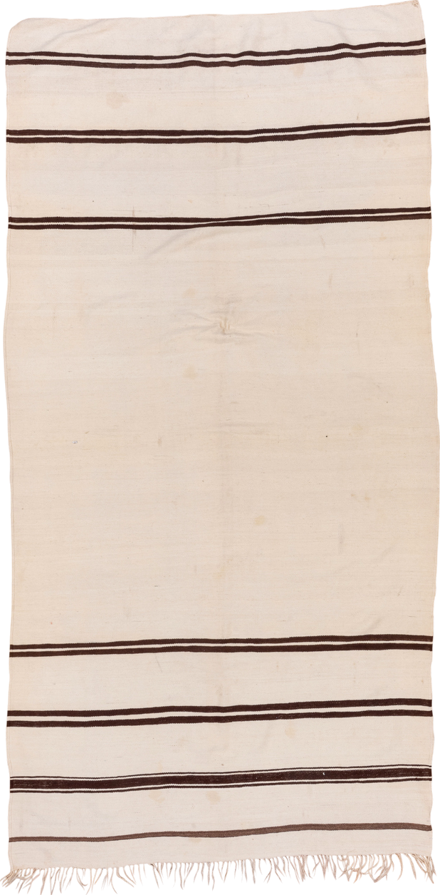 5' x 10' one-of-a-kind handmade vintage Blanket medium size rug. Color palette: ivory, brown, cream, taupe, beige, gray