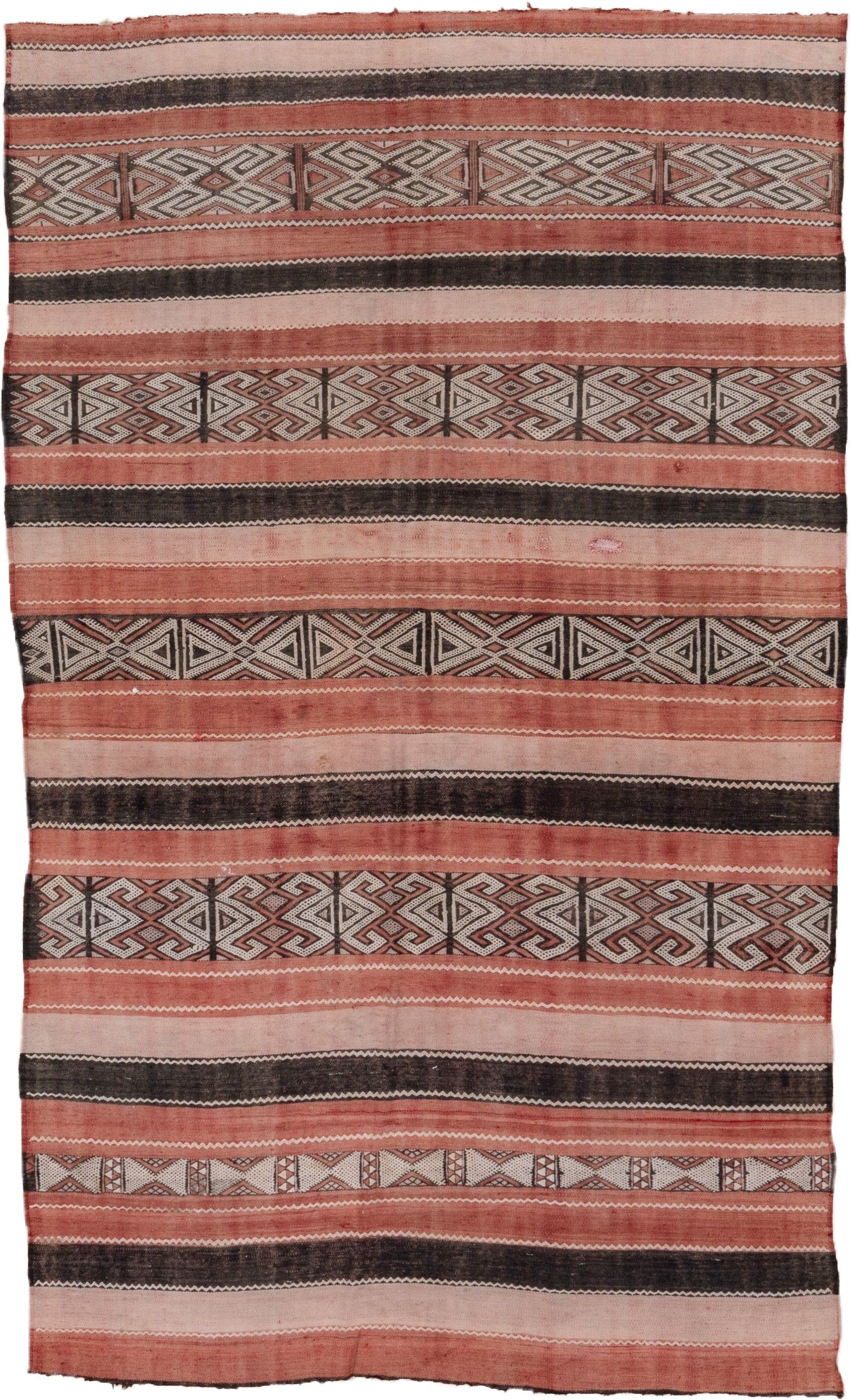 5' x 8' one-of-a-kind handmade vintage Jijim medium size rug. Color palette: rose, blush, charcoal, ivory, dusty pink, pink