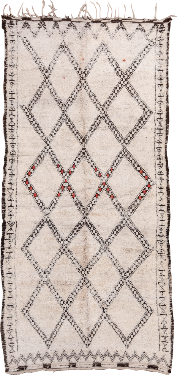 5' x 11' one-of-a-kind handmade vintage Moroccan rug. Color palette: ivory, charcoal, cream, red, gray, black