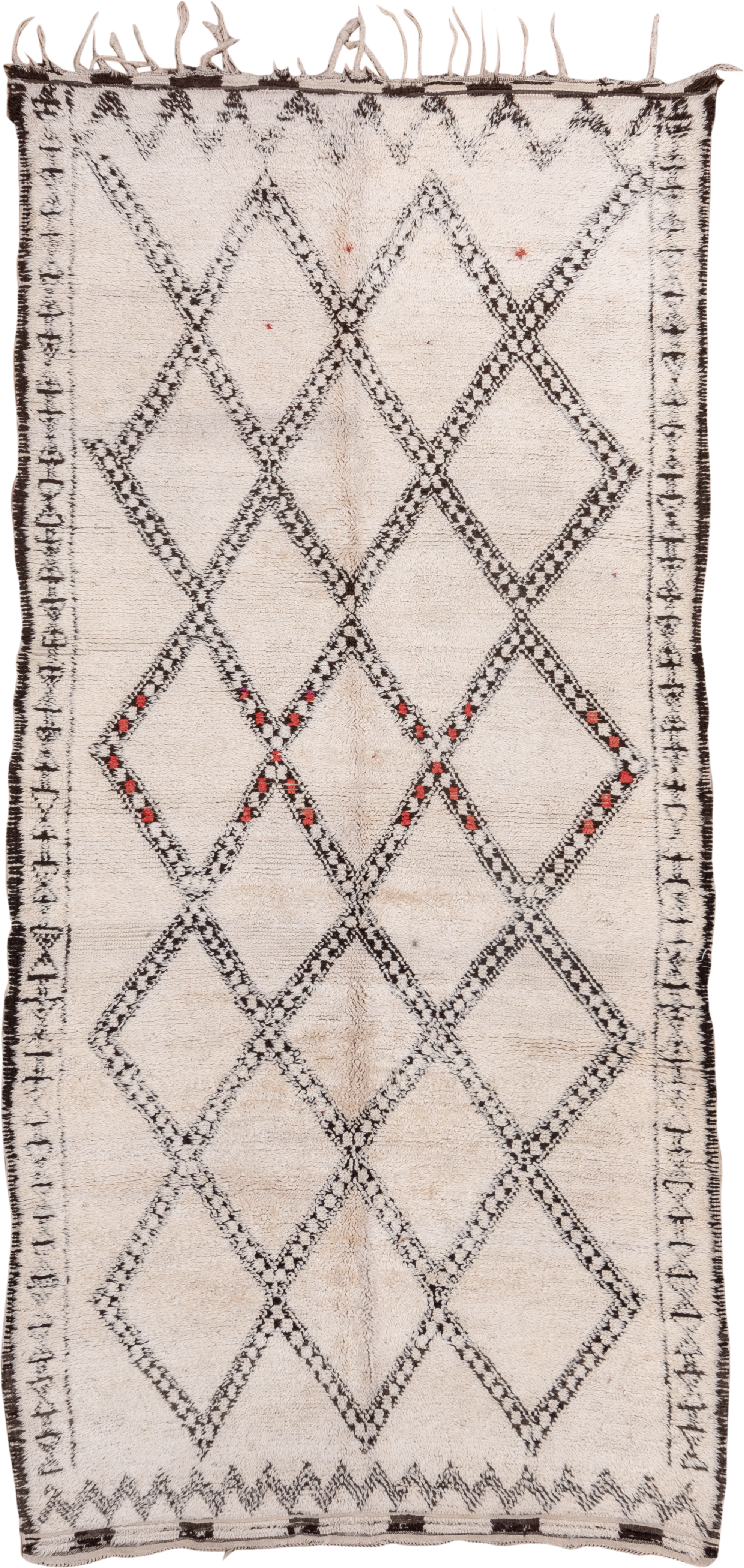 5' x 11' one-of-a-kind handmade vintage Moroccan rug. Color palette: ivory, charcoal, cream, red, gray, black