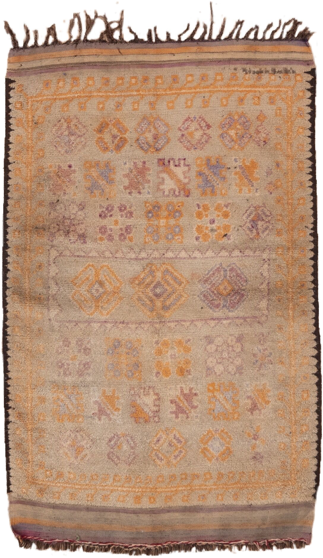 3' x 5' one-of-a-kind handmade vintage Moroccan small size rug. Color palette: ivory, saffron, taupe, rose, lavender, brown