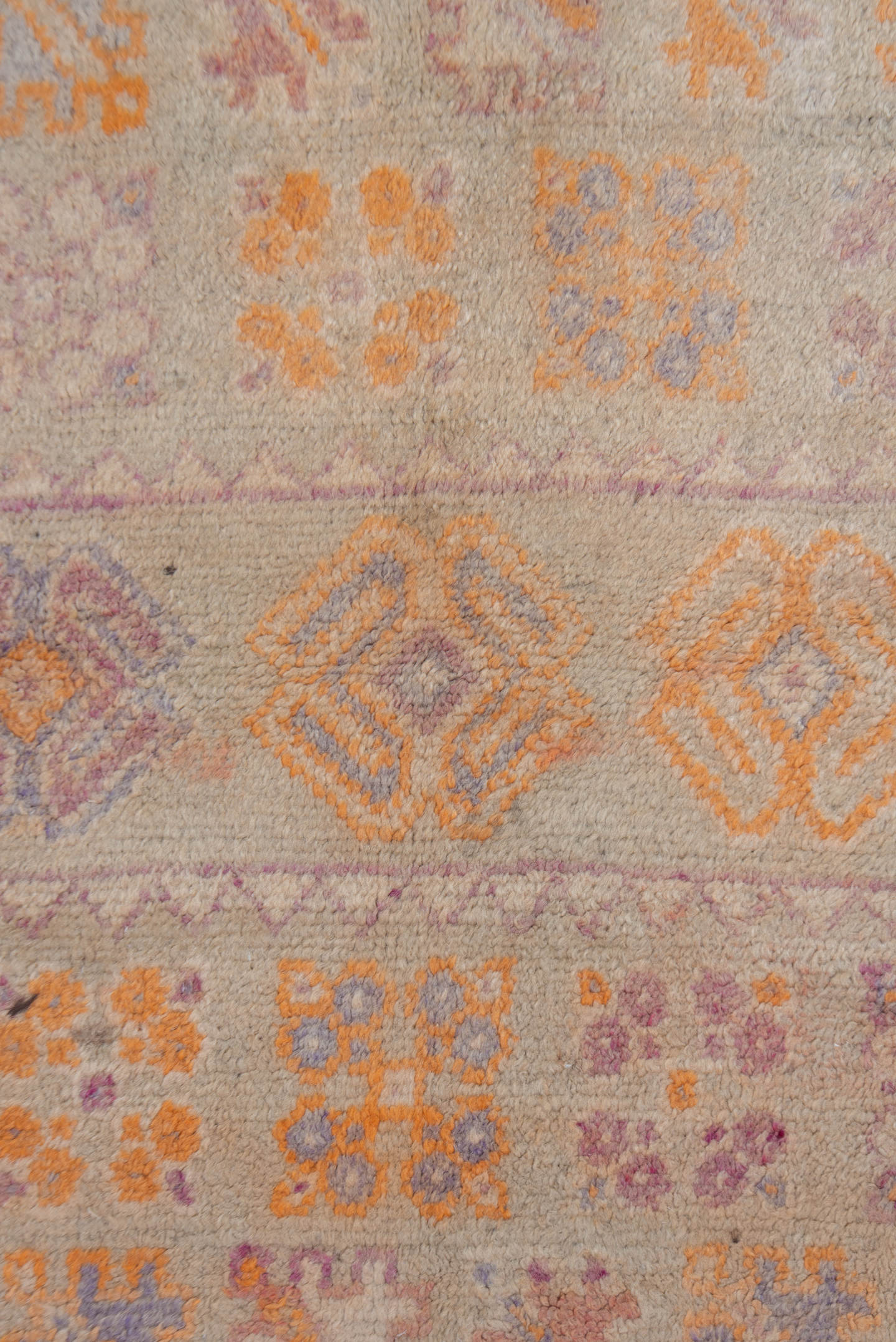 3' x 5' one-of-a-kind handmade vintage Moroccan small size rug. Color palette: ivory, saffron, taupe, rose, lavender, brown