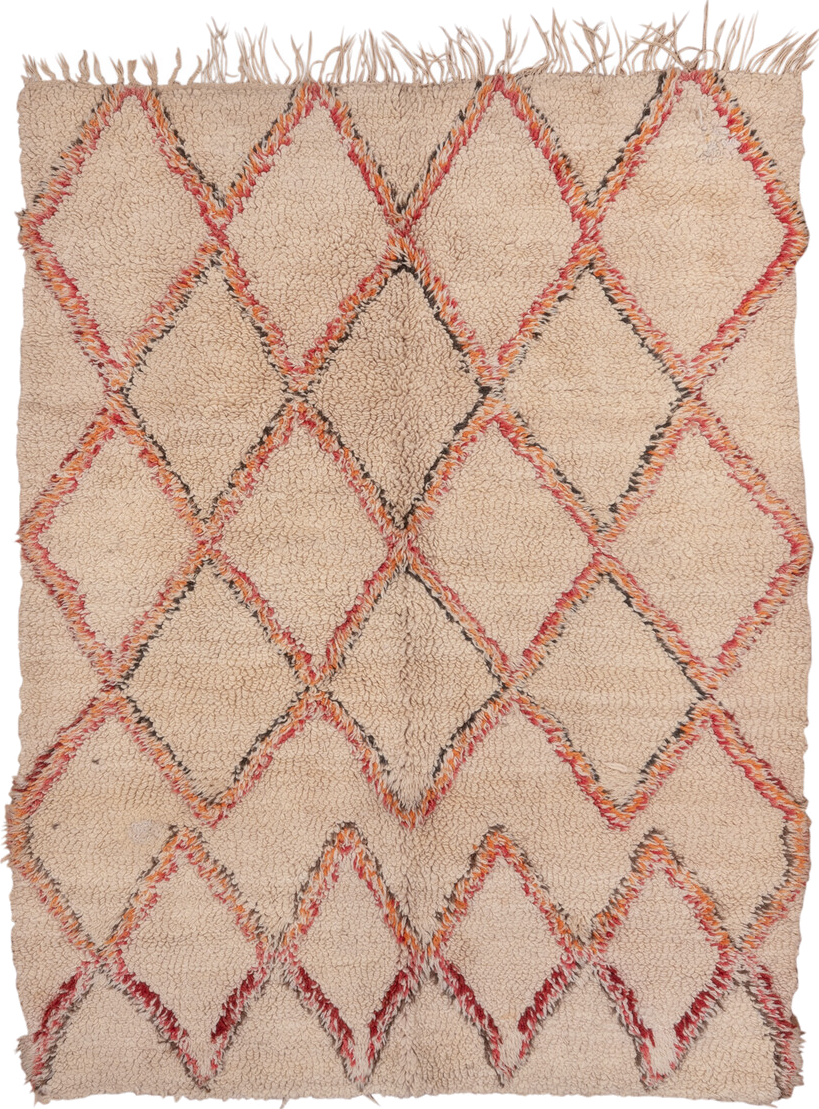 6' x 8' one-of-a-kind handmade vintage Moroccan medium size rug. Color palette: ivory, cream, blush, coral, charcoal, taupe
