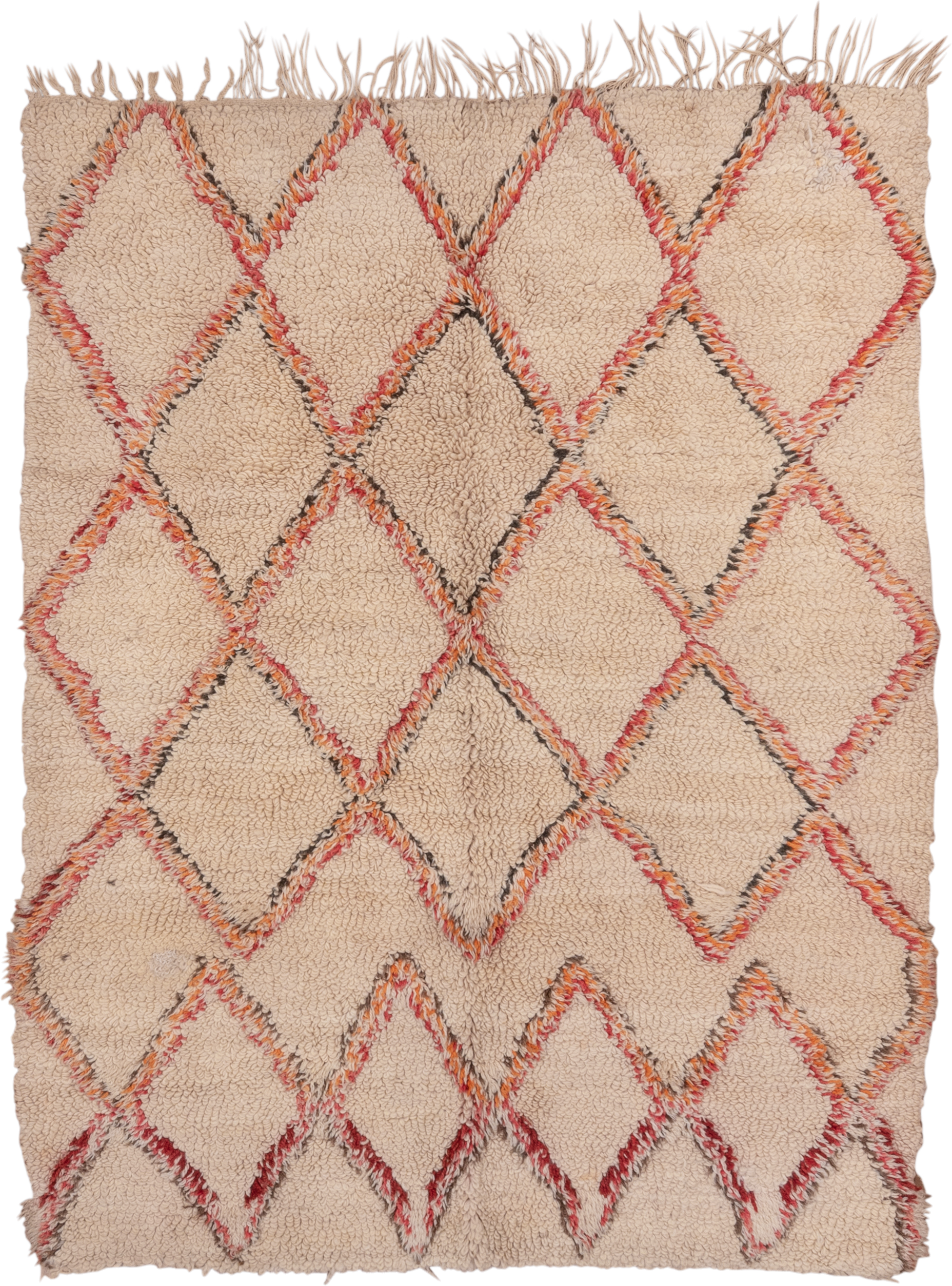 6' x 8' one-of-a-kind handmade vintage Moroccan medium size rug. Color palette: ivory, cream, blush, coral, charcoal, taupe