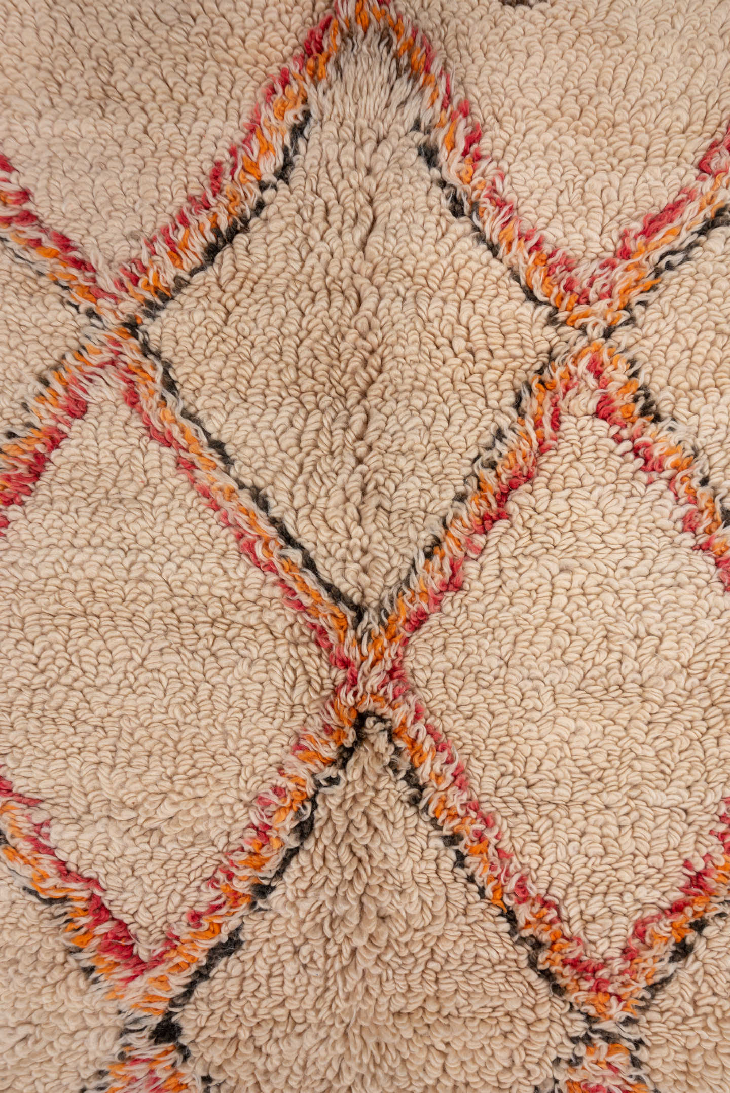 6' x 8' one-of-a-kind handmade vintage Moroccan medium size rug. Color palette: ivory, cream, blush, coral, charcoal, taupe