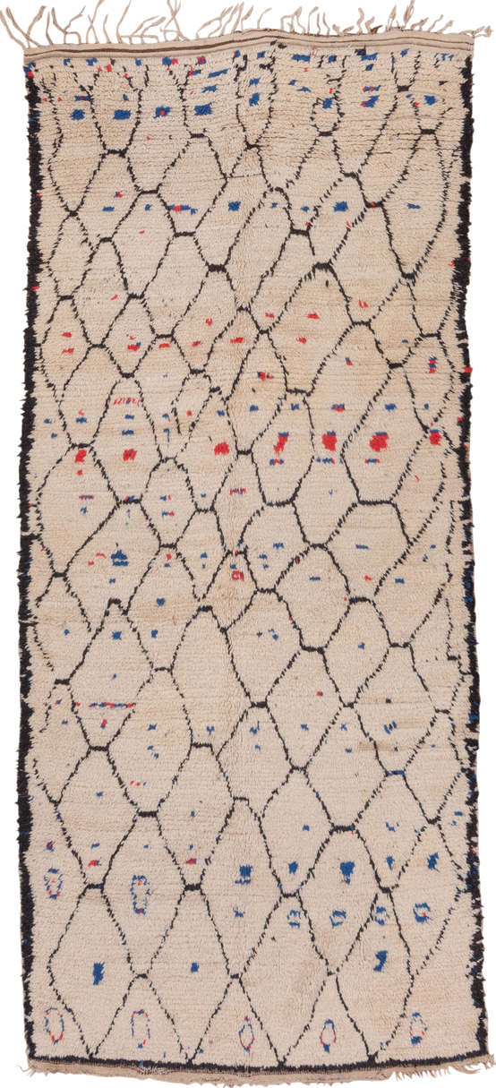 4' x 9' one-of-a-kind handmade vintage Moroccan runner rug. Color palette: black, blue, brown, charcoal, gray, light gray