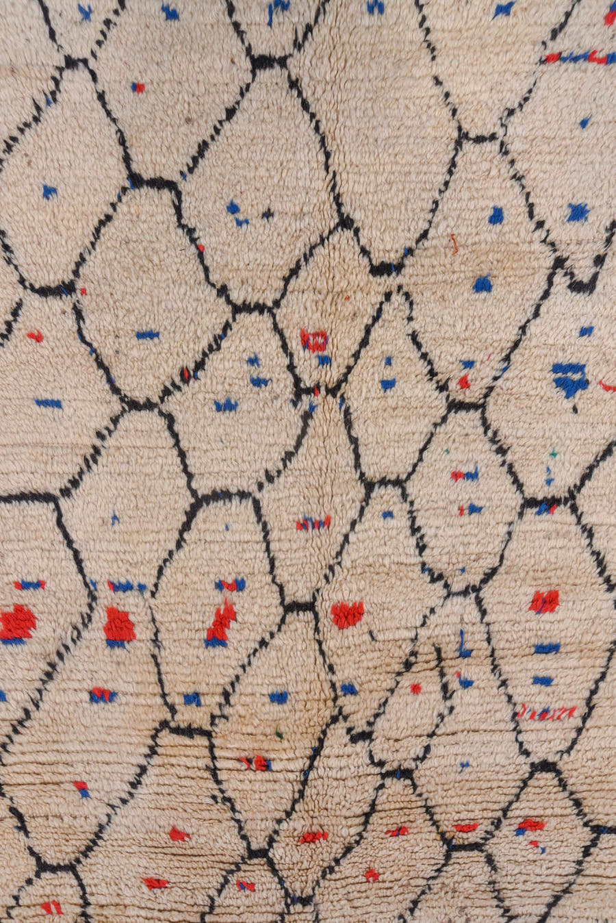 4' x 9' one-of-a-kind handmade vintage Moroccan runner rug. Color palette: ivory, charcoal, cobalt, crimson, gray, black