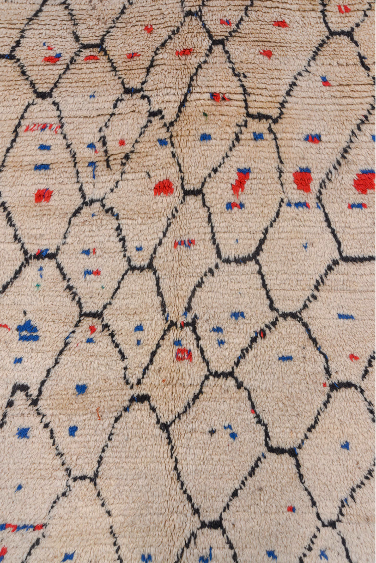 4' x 9' one-of-a-kind handmade vintage Moroccan runner rug. Color palette: black, blue, brown, charcoal, gray, light gray