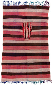 4' x 7' one-of-a-kind handmade vintage Moroccan rug. Color palette: rose, ivory, dark brown, burgundy, indigo, teal, pink