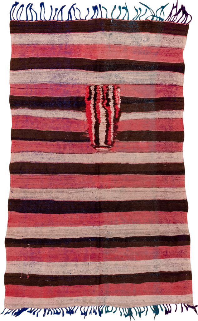 4' x 7' one-of-a-kind handmade vintage Moroccan rug. Color palette: black, blue, brown, gray, pink, red, wine