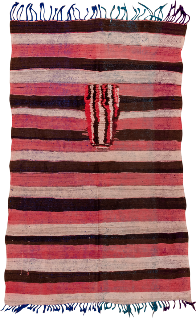 4' x 7' one-of-a-kind handmade vintage Moroccan rug. Color palette: rose, ivory, dark brown, burgundy, indigo, teal, pink