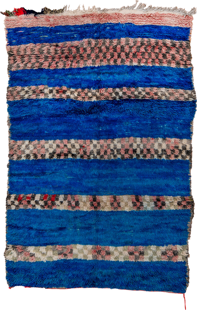 4' x 6' one-of-a-kind handmade vintage Moroccan small size rug. Color palette: blue, brown, gray, light blue, light gray