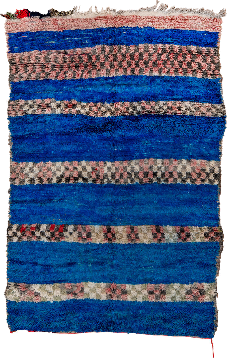 4' x 6' one-of-a-kind handmade vintage Moroccan small size rug. Color palette: cobalt, ivory, blush, charcoal, red, cream