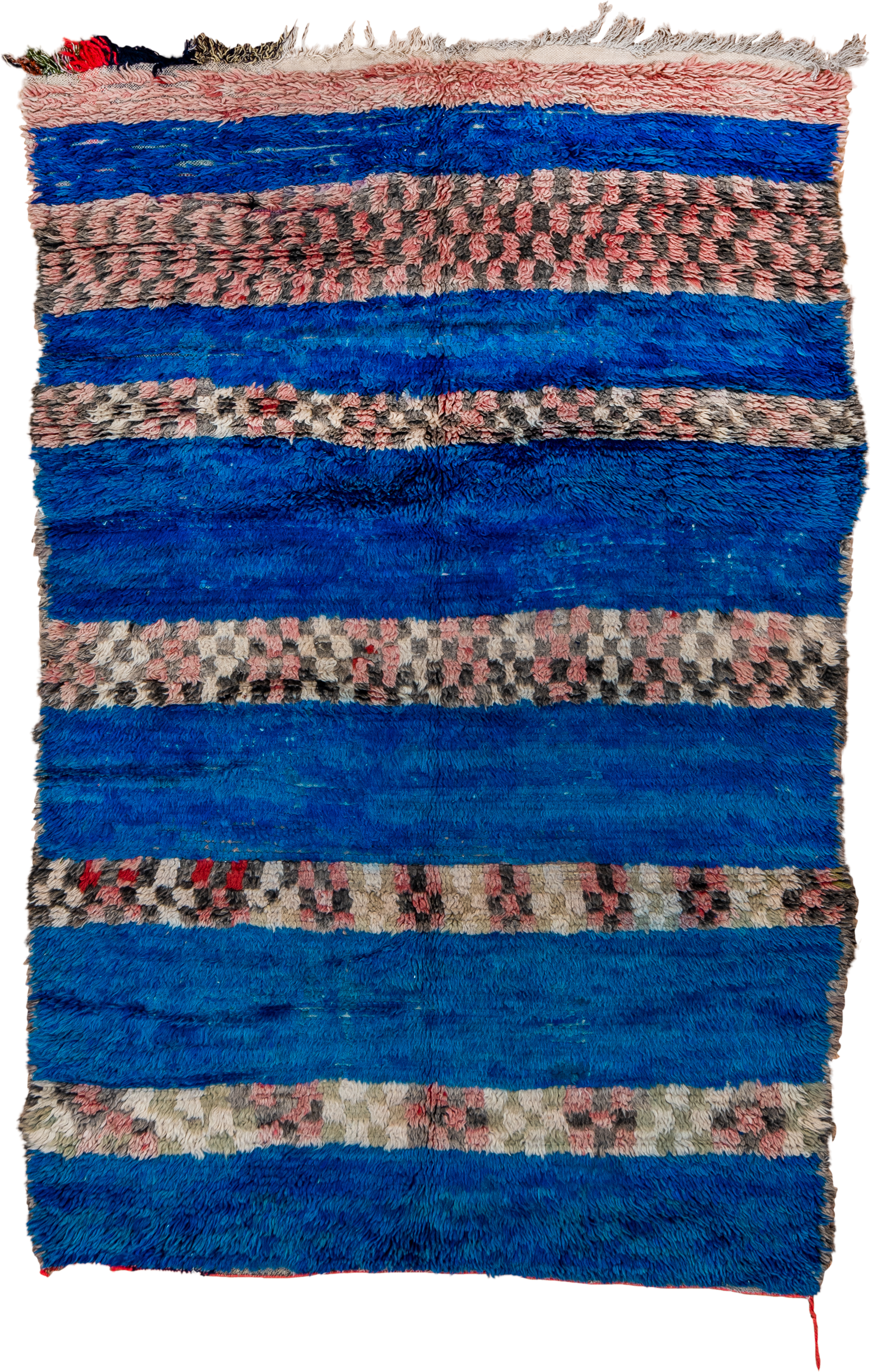 4' x 6' one-of-a-kind handmade vintage Moroccan small size rug. Color palette: cobalt, ivory, blush, charcoal, red, cream