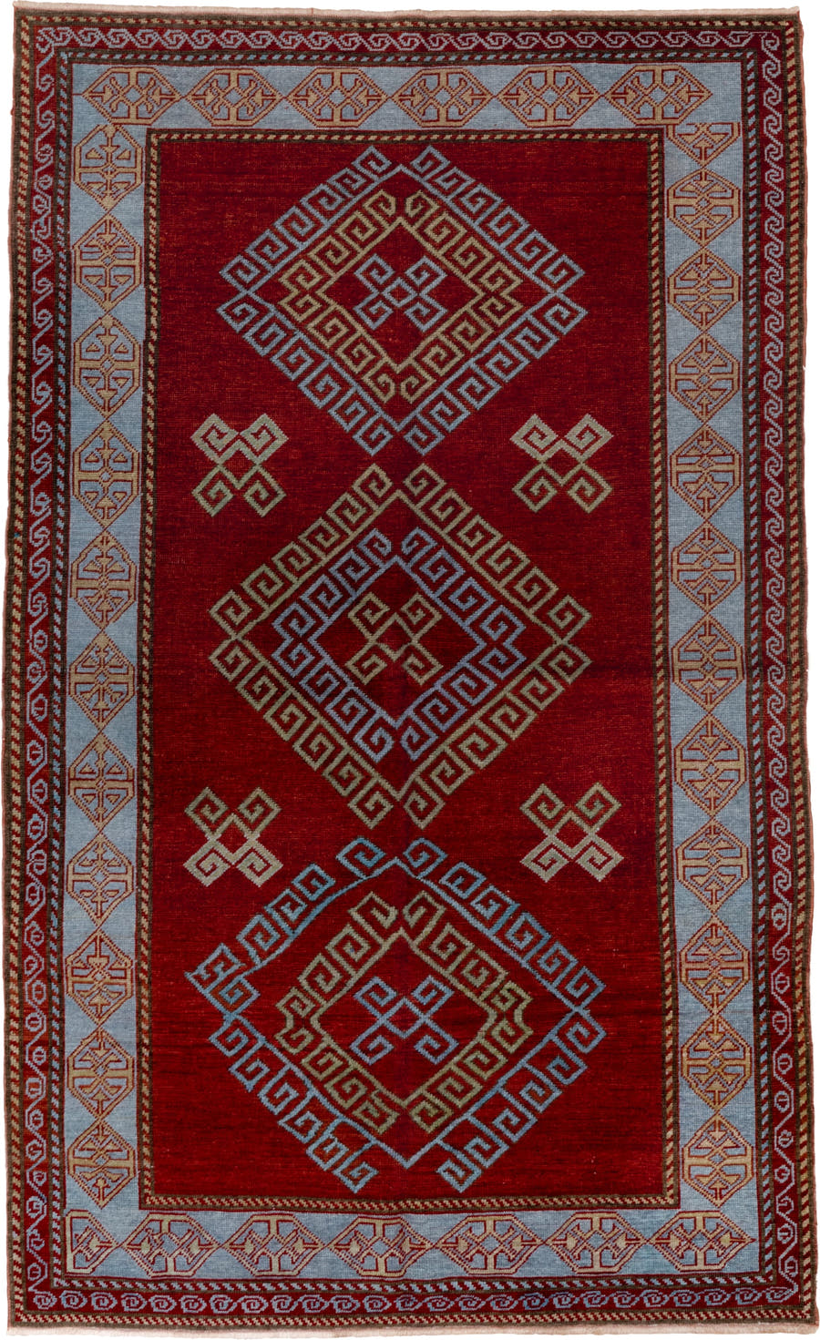 4' x 6' one-of-a-kind handmade vintage Caucasian small size rug. Color palette: red, ivory, sky blue, rust, burgundy, camel