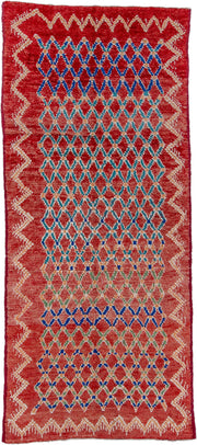 4' x 11' one-of-a-kind handmade antique Moroccan runner rug. Color palette: red, ivory, blue, coral, green, rose, terracotta