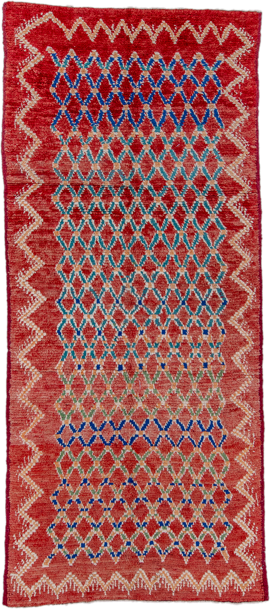 4' x 11' one-of-a-kind handmade antique Moroccan runner rug. Color palette: red, ivory, blue, coral, green, rose, terracotta