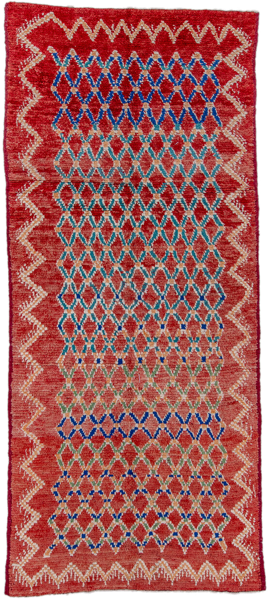 4' x 11' one-of-a-kind handmade antique Moroccan runner rug. Color palette: red, ivory, blue, coral, green, rose, terracotta